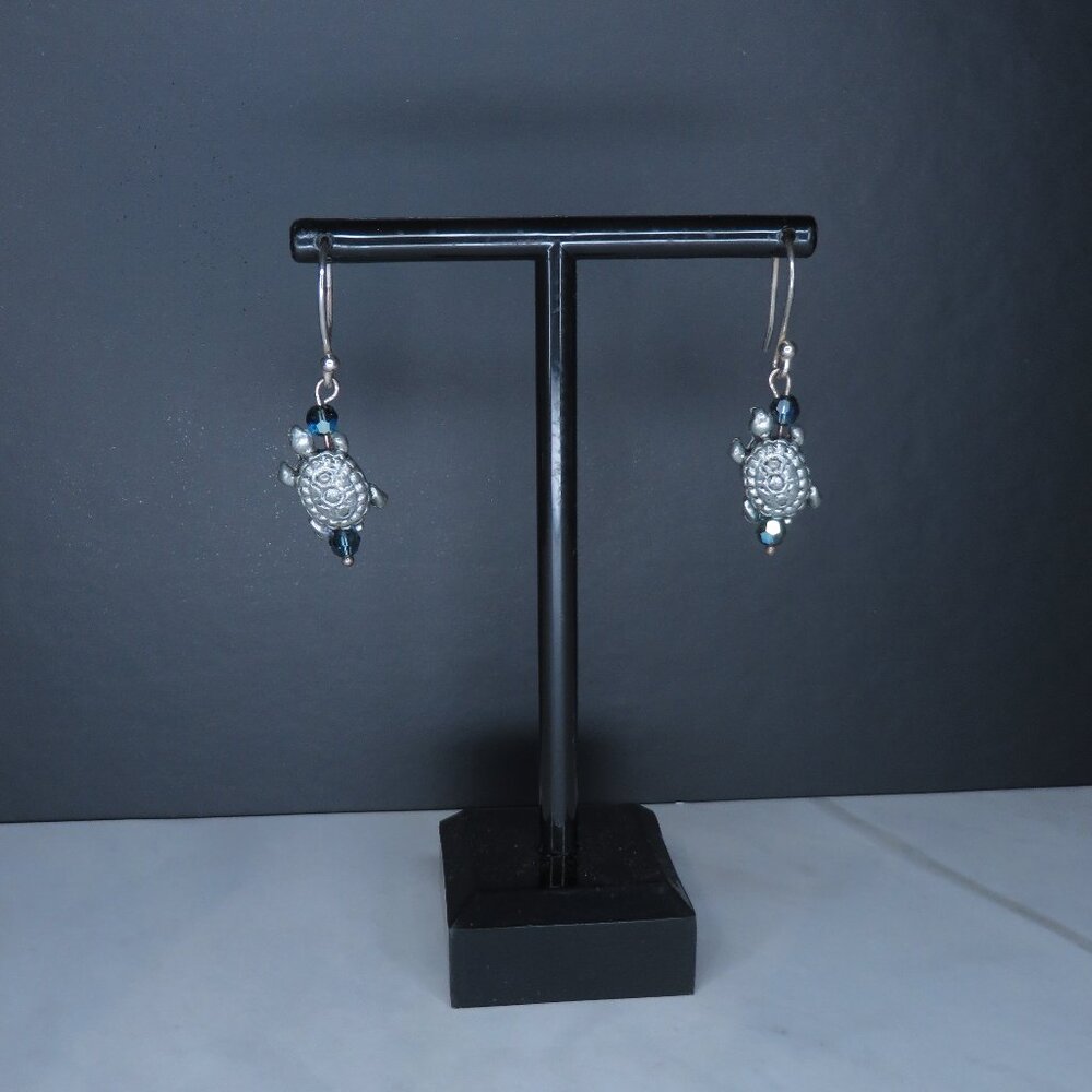 Silver Tone Turtle Earrings with Blue Beads